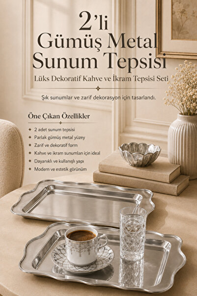 DİVAYS 2-Piece Silver Metal Presentation Tray Luxury Coffee and Catering Tray...