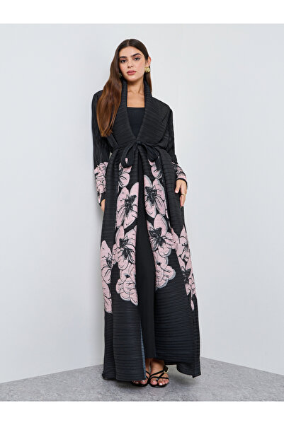 Take Two By Styli Floral Print Waist-Tie Open Front Abaya