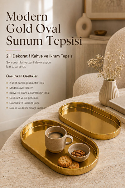 DİVAYS 2'li Modern Gold Oval Sunum Tepsisi Dekoratif Kahve ve İkram Tepsisi Seti