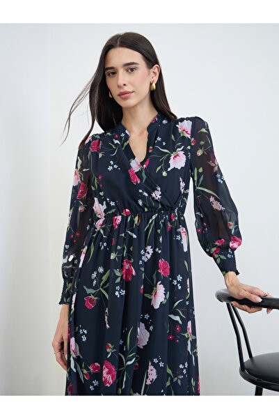 Styli Dark Blue Floral Long Sleeves Maxi Dress