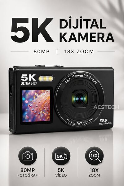 ACSTECH 5K Çift Ekranlı Dijital Fotoğraf Makinesi | 80MP | 18X Zoom | 32GB Ha...