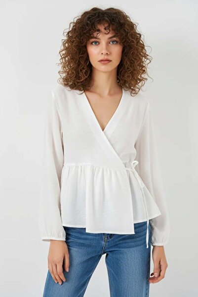 ALFA AKSESUAR 03 Women's V-Neck Gathered Waist Side Tie Viscose White Blouse