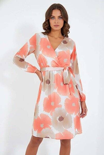 ALFA AKSESUAR 03 Women's V-Neck Belted Floral Patterned Chiffon Orange Beige ...