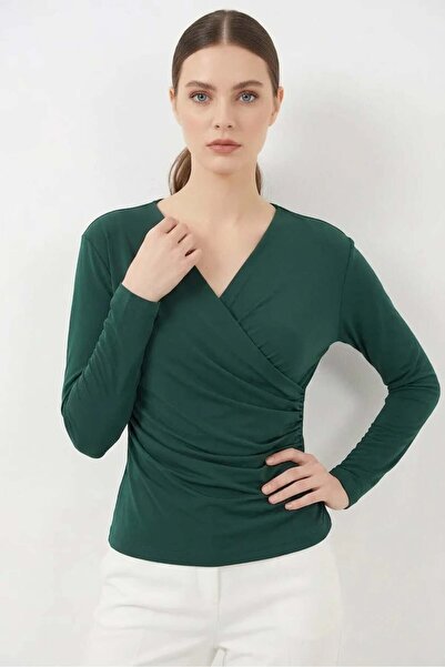 Generic Brand Women's Wrap Collar Gathered Emerald Green Blouse