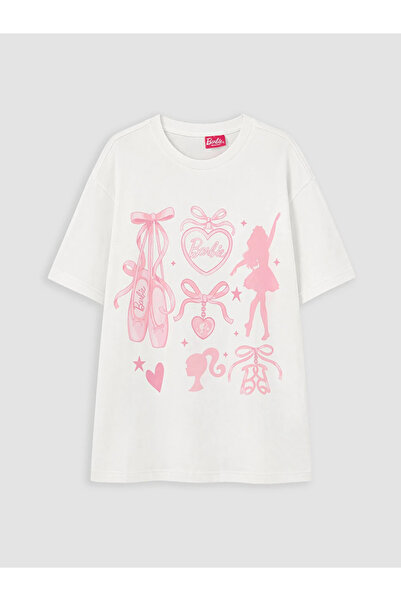 LC Waikiki White Crew Neck Barbie Printed Girls' T-Shirt