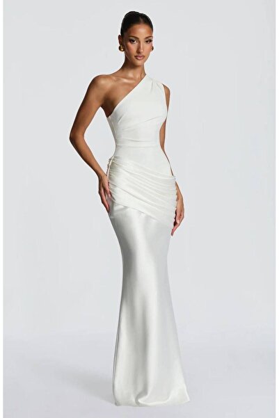 maf collection Women's White Front Draped Sandy Fabric One Shoulder Long Even...