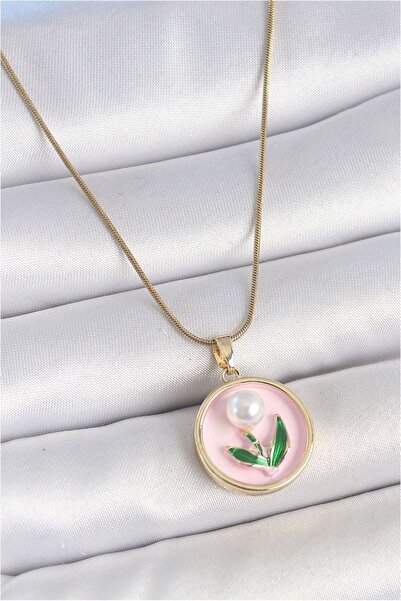 Generic Brand 316L Steel Gold Color Chain Pink Enamel Pearl Flower Embroidere...