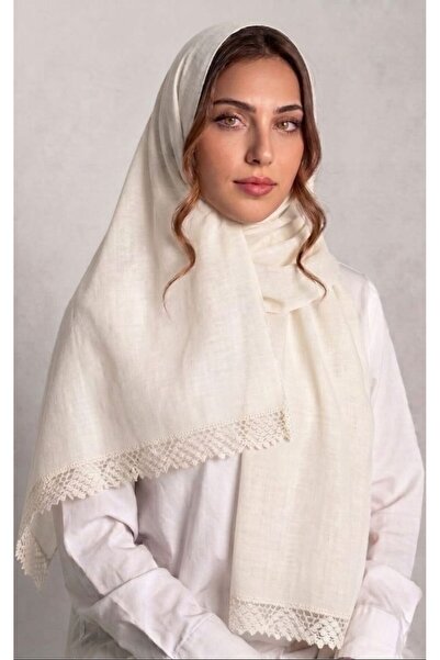 Veil Designer Turkish Off-White Eşarp with Oye Pattern and Koruche on Both En...