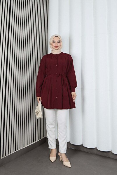 HNT Hayrunnisa Tesettür Hakim Yaka Pile Detaylı Düğmeli Tunik Bordo HNT2127