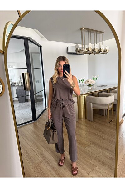 CKBUTİK Kahve Sıfır Kol Modal Kumaşlı Bluz Pantolon İkili Takım -7272