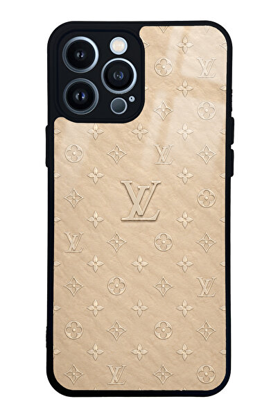 Spoyi iPhone 13 Pro Max Bej Gold LV Tasarımlı Glossy Telefon Kılıfı