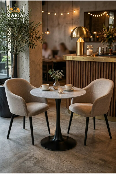 MARIA HOMES Modern Round Marble Bistro Table with Black Pedestal Base for Caf...