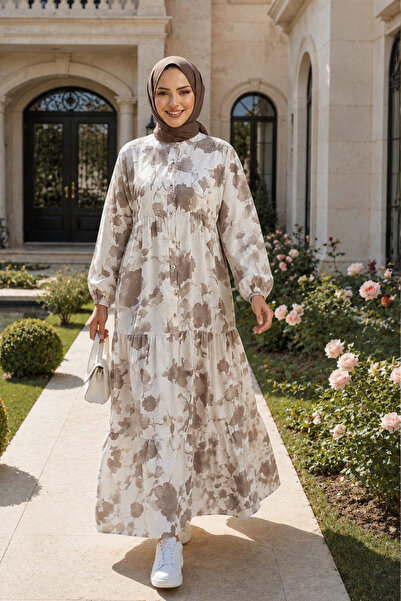Hb Harma Time Butik Women's Buttoned Patterned Modal Fabric Brown Dress