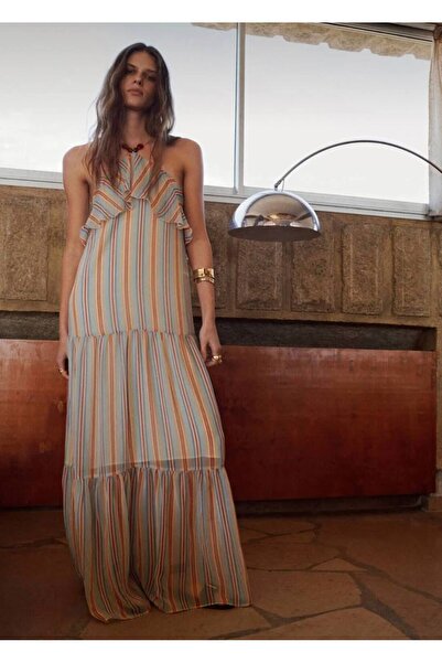 MAESTRO WOMAN Women's Blue Striped Flounce Chiffon Strap Lined Dress