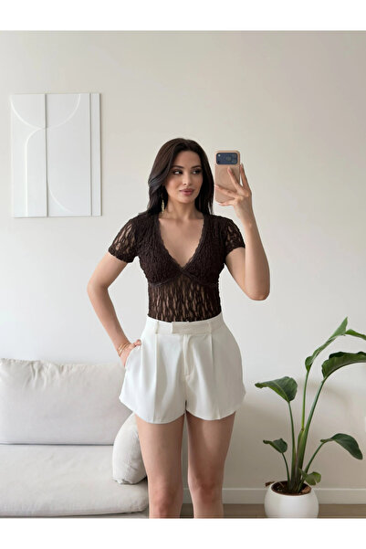 Zoom Butik Güpürlü V Yaka Bodysuit - KAHVE