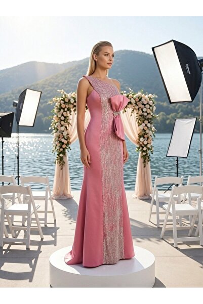 Şece Atelier Kadın Tek Omuz Büyük Fiyonk Detaylı İşleme Dantelli Pembe Abiye ...