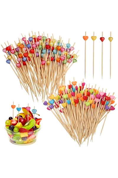 wenix Set 200 Bete Cocktail, Finger Food, Decor Inima Colorata, Bambus, 12 Cm