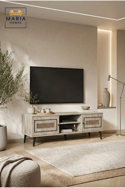 MARIA HOMES Modern Rattan TV Unit 180 × 40 × 45 cm – Wooden Entertainment Cen...