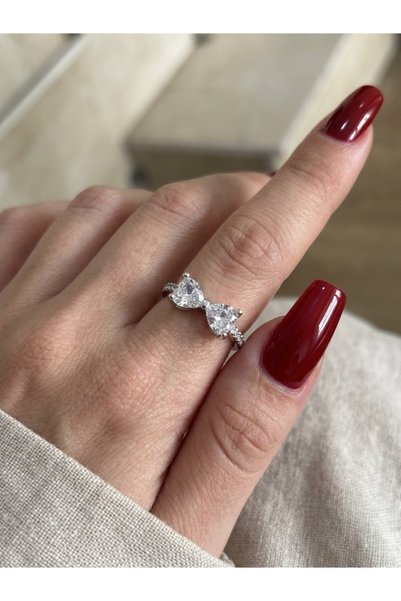 EKİDORA Heart Bow Cut Zircon Stone Adjustable Women's Ring Gold Elegant Styli...
