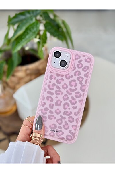 Go Aksesuar Iphone 15 - 14 - 13 Uyumlu PEMBE DERİ LEOPAR Tasarımlı Baskılı Mo...