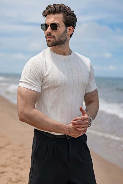 Madmext Ecru Vertical Striped Crew Neck Knitwear Men's T-Shirt E7505