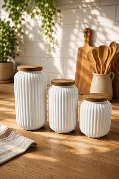 İLİVA Set of 3 Wooden Lid Jars Tea Coffee Sugar Spice Container Pulses Storag...