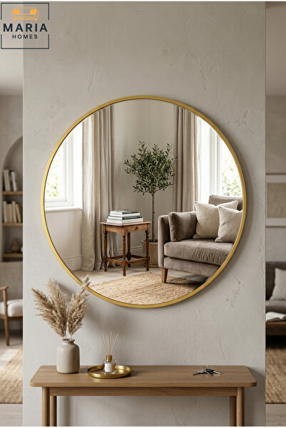 MARIA HOMES Round Wall Mirror with Gold Metal Frame – Modern Decorative Hangi...