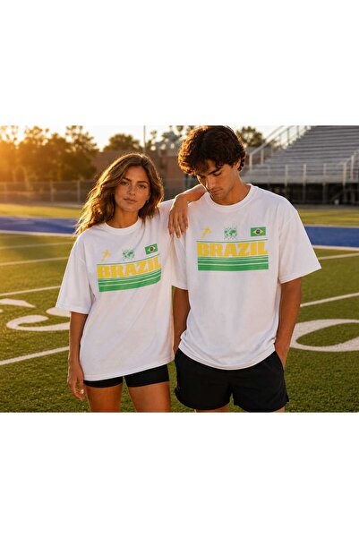 ZAVIXO Brazil Heritage Baskılı Unisex Oversize Tişört %100 Pamuk Futbol Temal...