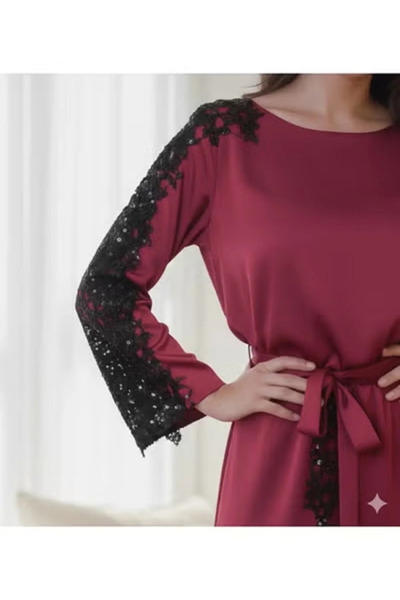FULLJOY فستان سهرة ساتان لونين عنابي وأسود بأكمام مزينة وحزام لمزيد من الجمال والأناقة,فستان موضة