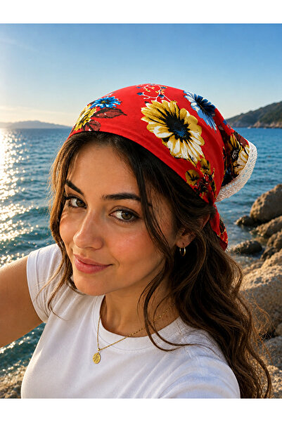 TULEK Red - Floral Patterned - Bohemian - Lace Detailed - Bandana - Buckle