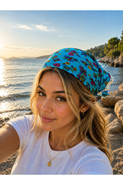 TULEK Blue - Floral Patterned - Bohemian - Lace Detailed - Bandana - Buckle