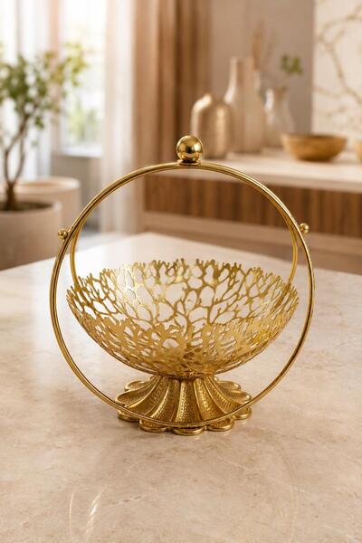 İLİVA Gold Metal Decorative Fruit Bowl Candy Bowl Treat Basket Presentation B...