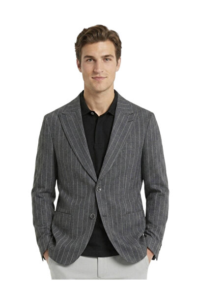 Kip Anthracite Striped Modern Fit Linen Blend Jacket