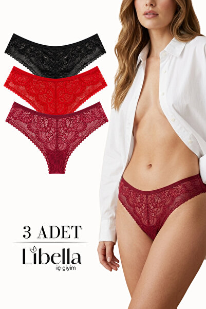 LİBELLA İÇ GİYİM New Season Premium Full Lace Brazilian Panties Black Red Bur...