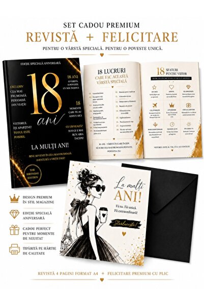 OEM Set Cadou 18 Ani, Ediția Vogue – Ziar Aniversar Personalizat + Felicitare...