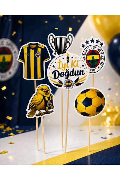 Fillikutum Sarı Lacivert Fener Temalı 6 Parça Kürdanlı Pasta Süsü Doğum Günü ...