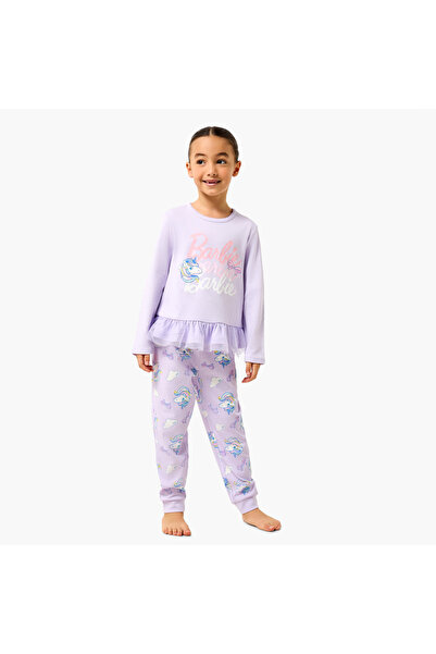 mattel Cotton Crew Neck Long Sleeves Pyjama Set with Barbie Print