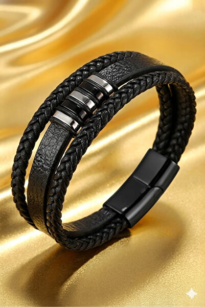 Gogoey Men's Leather Bracelet - Black Silver Wicker Knitted Stylish Modern