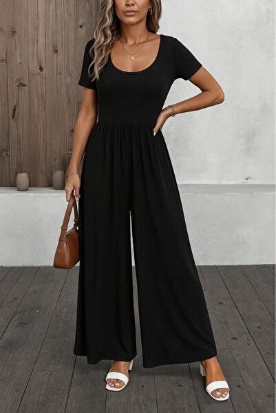 Simala Women's Short Sleeve Round Neck Wide Leg Wrap Jumpsuit