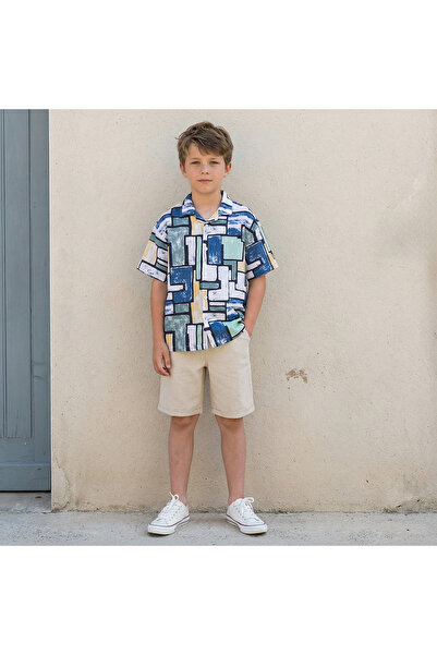 Juniors Camp Collar Short Sleeves Shirt and Shorts Set with Abstract Print