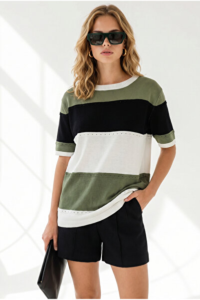 Olalook Women's Khaki Color Block Mercerized Draped Knitwear Blouse Blz-19002640