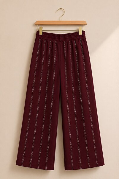 zepkids Girl's Stone Embroidered Wide-Leg Trousers Burgundy Color Casual Styl...