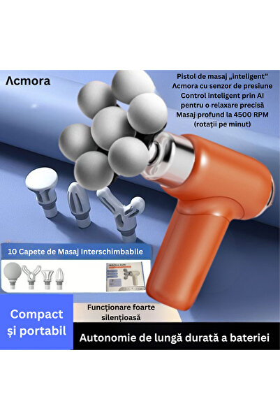 Λcmora Mini Pistol de Masaj Profesional cu AI, 4500 RPM, 6 Trepte Intensitate...