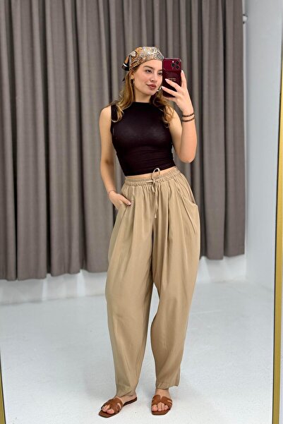 Raneel Kazançlı Alışveriş Women's Shalwar Type Loose Waist Tie-Up Trousers Mink