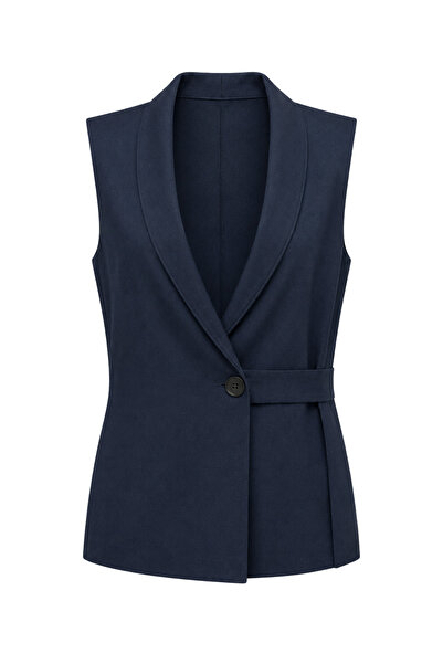 Mixray 2125 Women's Double-Breasted Collar Belted Linen Vest Navy Blue