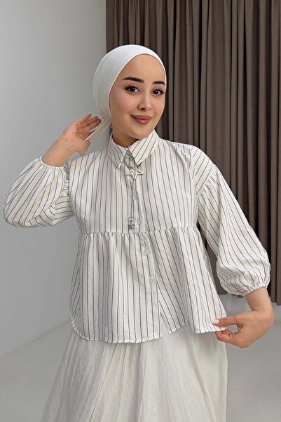 Raneel Kazançlı Alışveriş Women's Striped Peplum Cut Shirt Blouse White