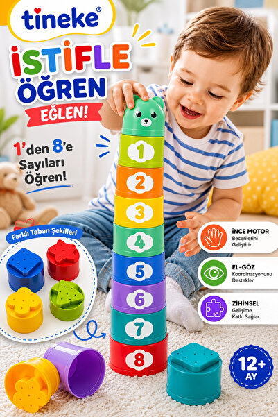 TİNEKE Bebekler İçin Sayı İstiflenebilir Bardak Oyuncağı 9 Parça Eğitici Deng...