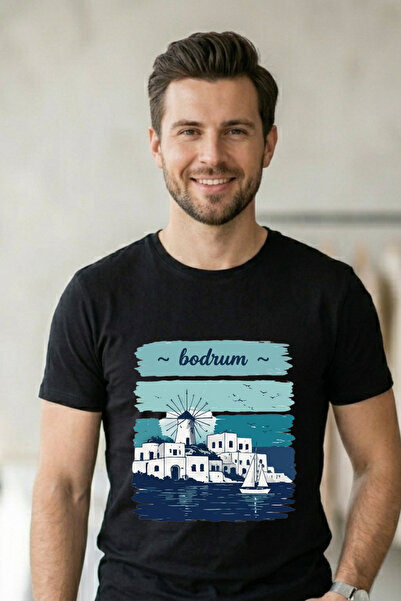 Baran Işık تي شيرت للجنسين بتصميم طاحونة الهواء في بودروم والمنازل البيضاء (