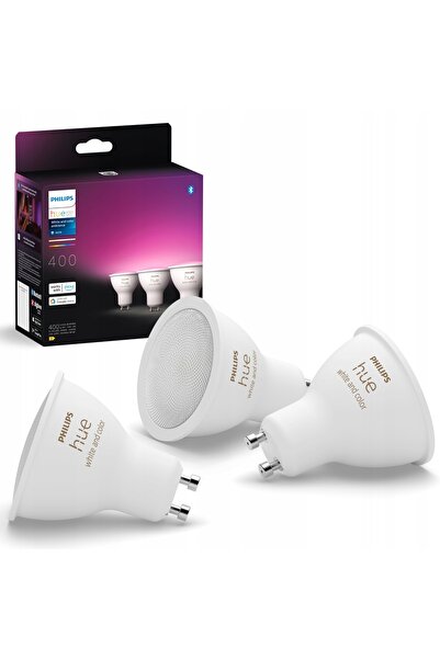 Philips Hue Bec LED cu lumină albă și ambientală colorată, 400 lm, GU10, 3 bu...