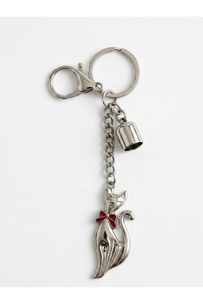 GENCATELİER Silver Color Metal Cat Figurine Keychain and Bag Ornament Charm